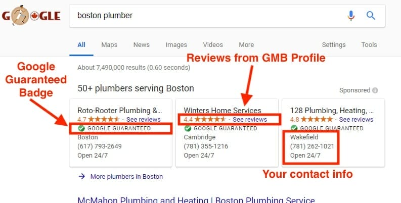 google local service ads guide to understanding the listing. Hightlights of Google Guaranteed badge, imported reviews from GMB, and contact info