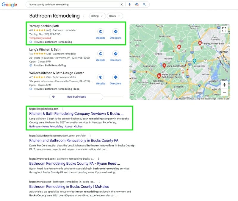 local seo in bucks county, pa example screenshot from Google Search with boxes around Map Pack and #1 result